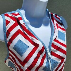 Vintage 80’s Carole Little Red White and Blue Chambray Zip Front Vest